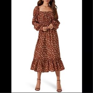 ASTR The Label Floral Long Bishop Sleeve Tiered Brown Maxi Dress Medium